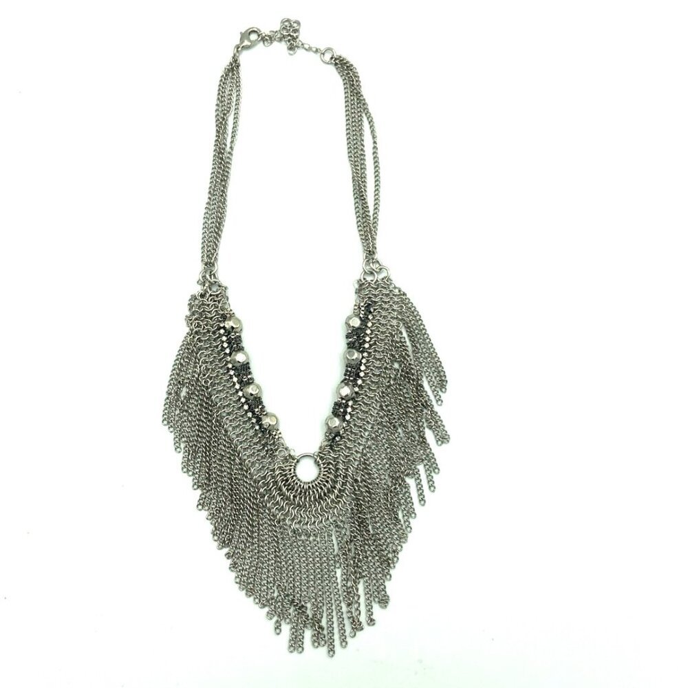 Stella & Dot Waterfall Bib Necklace Fringe Silver Toned Boho Festival